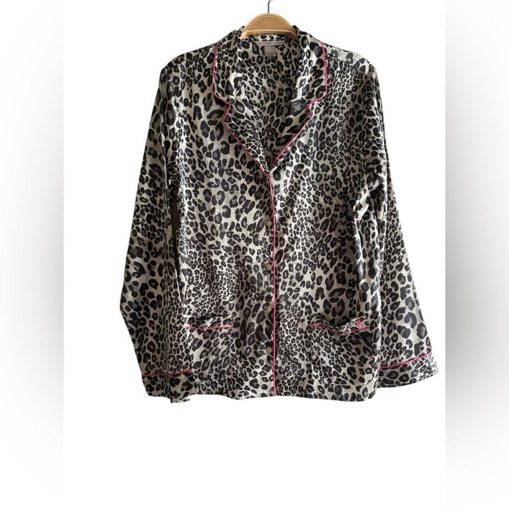 Leopard Print Satin Blouse with Pink Trim